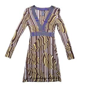 Custo Barcelona Tan Sheath Dress with V-Neck and Long Sleeves